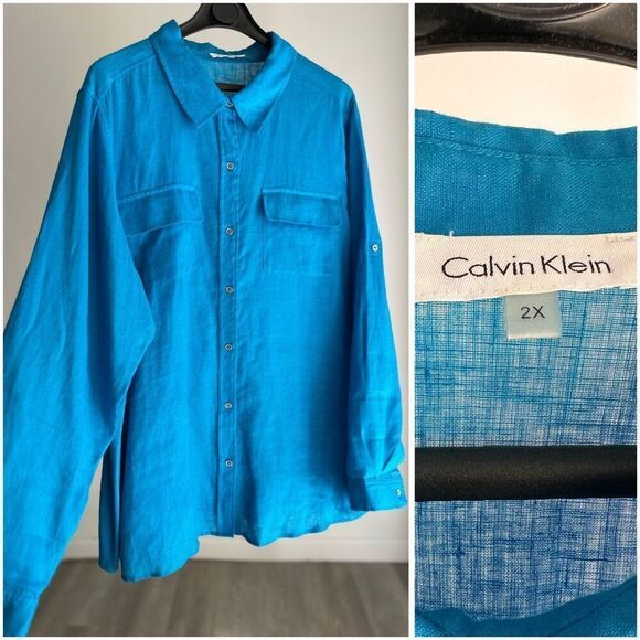 Calvin Klein 100% Linen Button Shirt women’s Blue Turquoise Roll Tab size 2X EUC - Picture 1 of 4